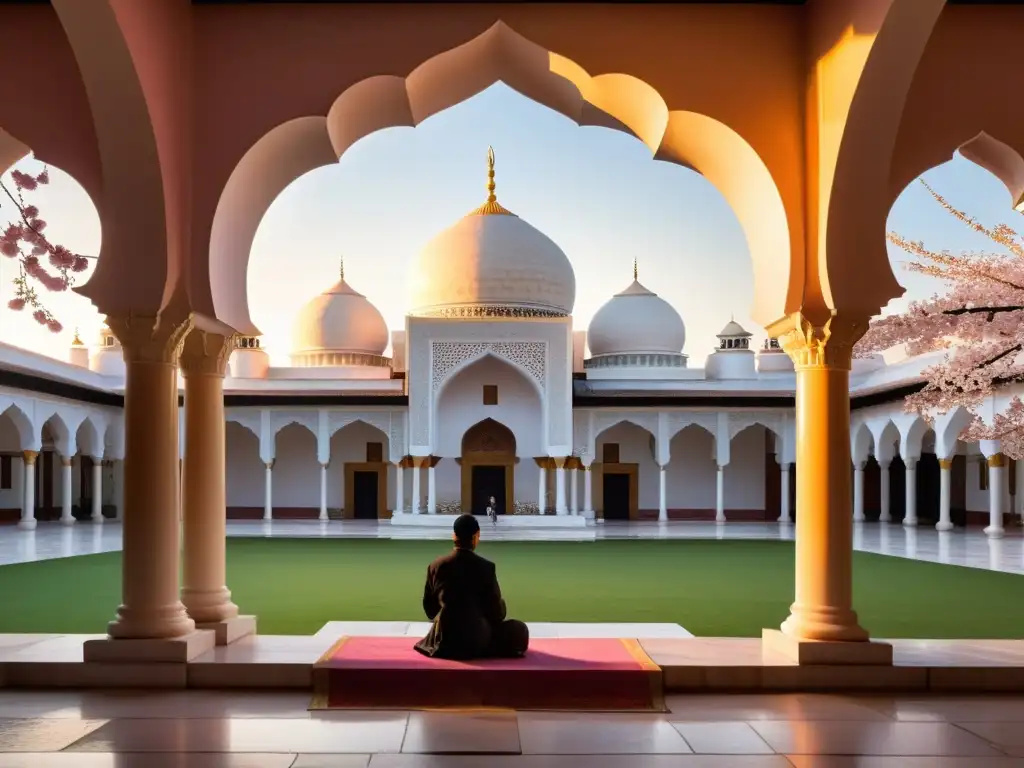 Un patio de mezquita al atardecer con arcos y columnas, árboles de cerezo en flor y una persona leyendo poesía islámica