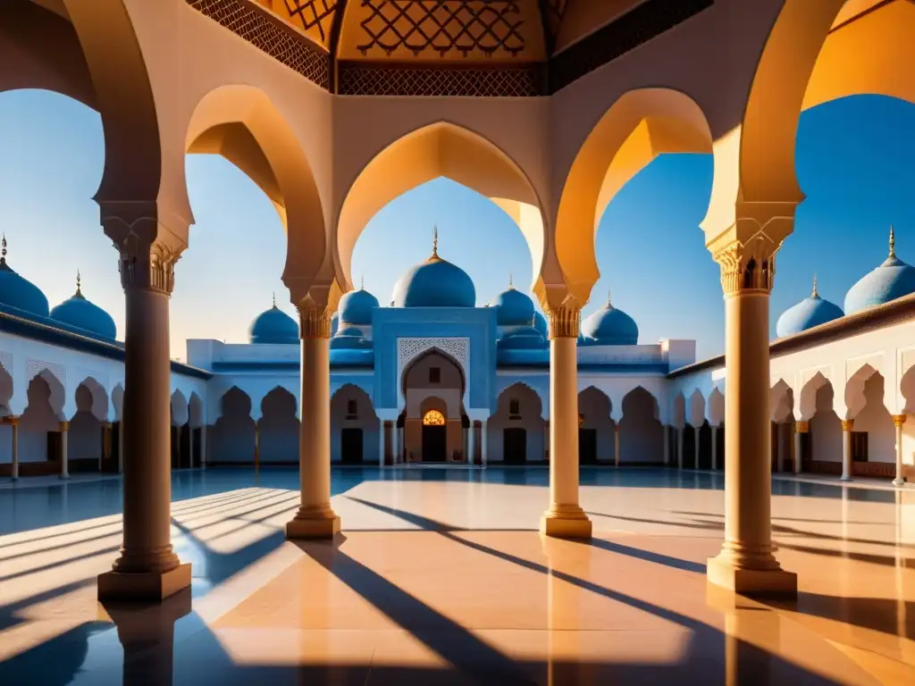 Un patio de mezquita al atardecer, bañado en cálida luz dorada, destaca la serenidad y belleza