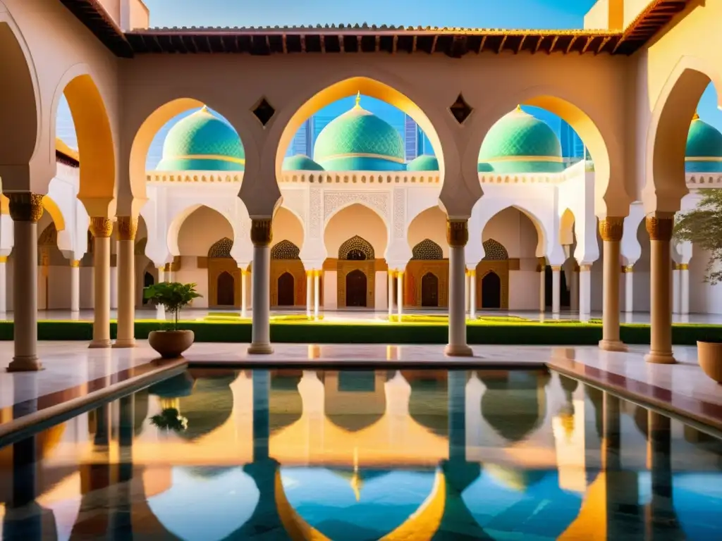 Un patio de mezquita al atardecer, bañado por luz dorada, reflejos de colores, jardines exuberantes y eruditos en discusión