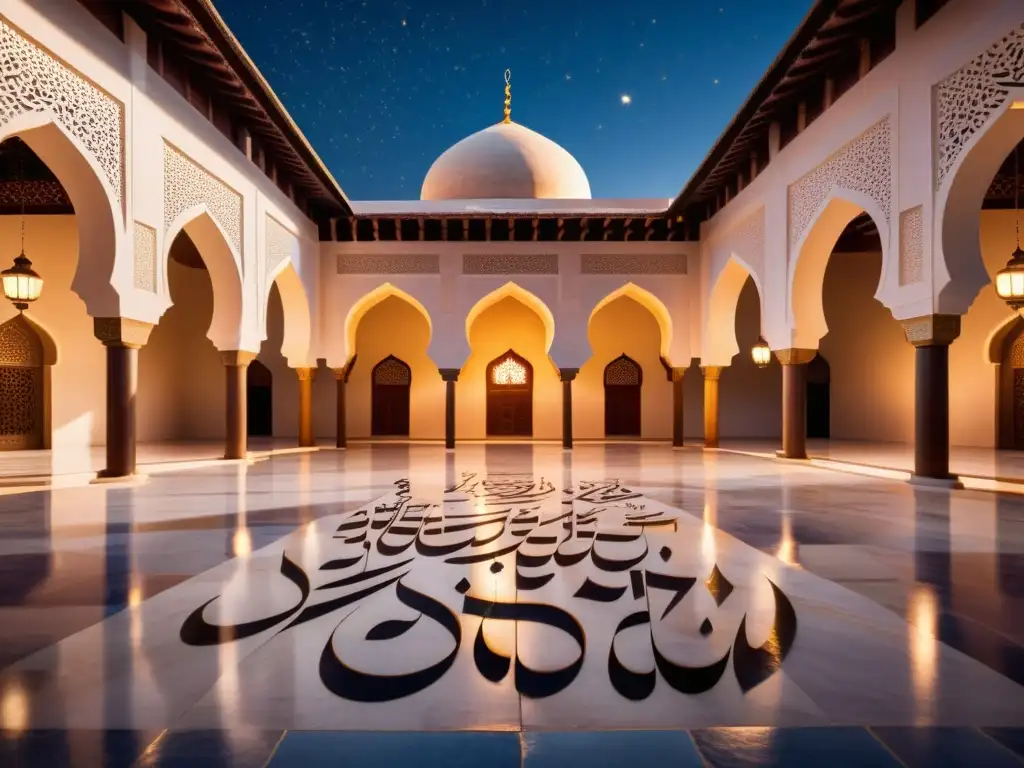 Un patio de mezquita al atardecer con caligrafía islámica, expresión espiritual y serenidad bajo la luz cálida de las linternas