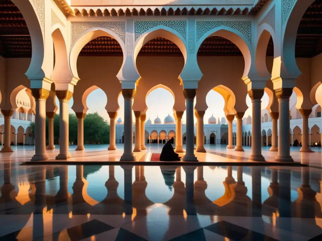 Un patio de mezquita al atardecer con patrones geométricos y luz cálida, donde eruditos debaten la interpretación textos sagrados Islam