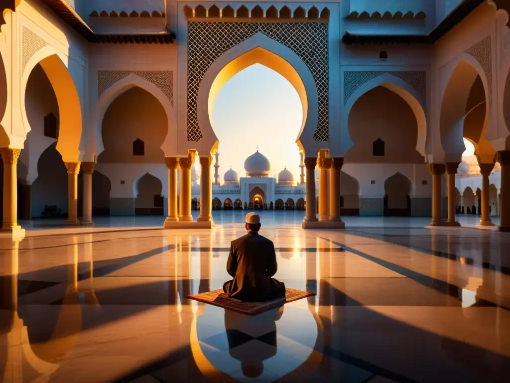 Un patio de mezquita al atardecer, con patrones geométricos y luz dorada