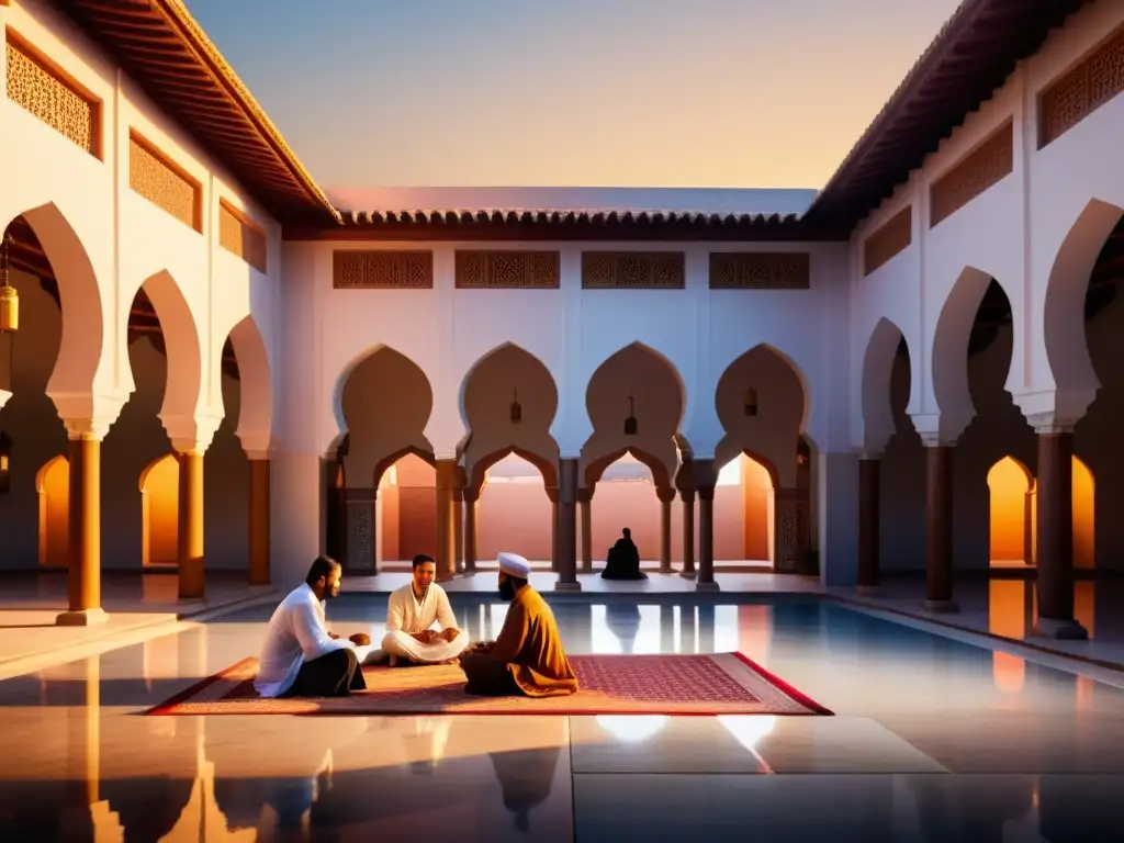 Un patio de mezquita al atardecer, con patrones geométricos y luz cálida