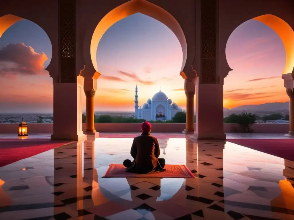 Un patio de mezquita al atardecer, con patrones geométricos y luz cálida