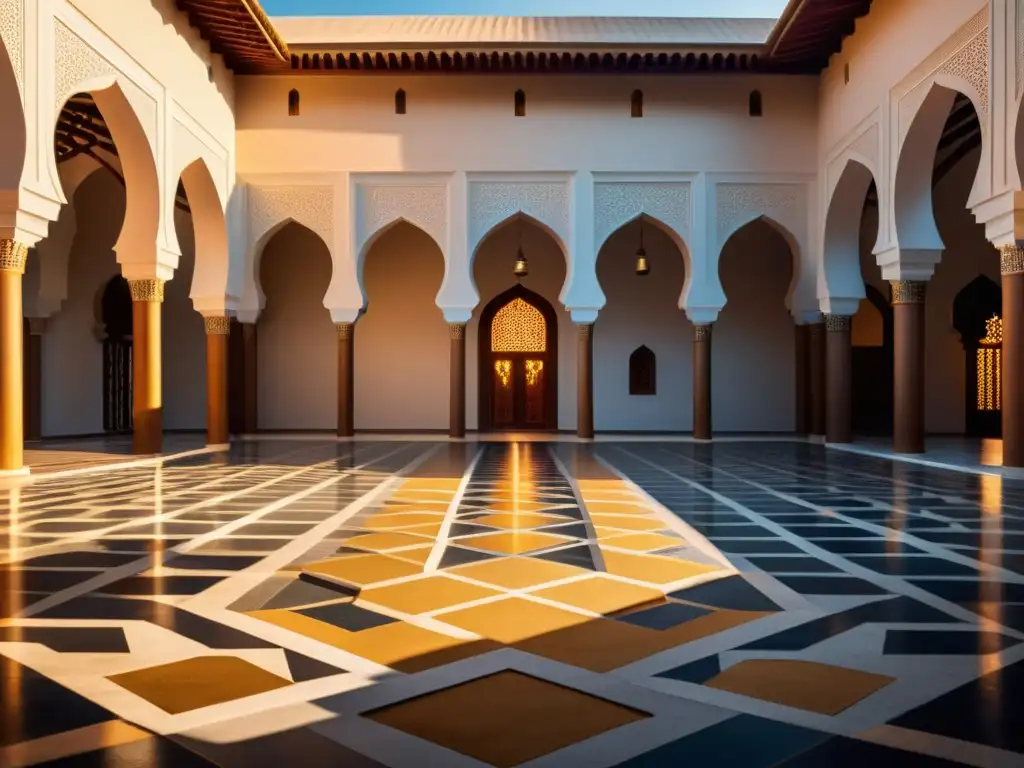 Un patio de mezquita al atardecer, con patrones geométricos y luz dorada