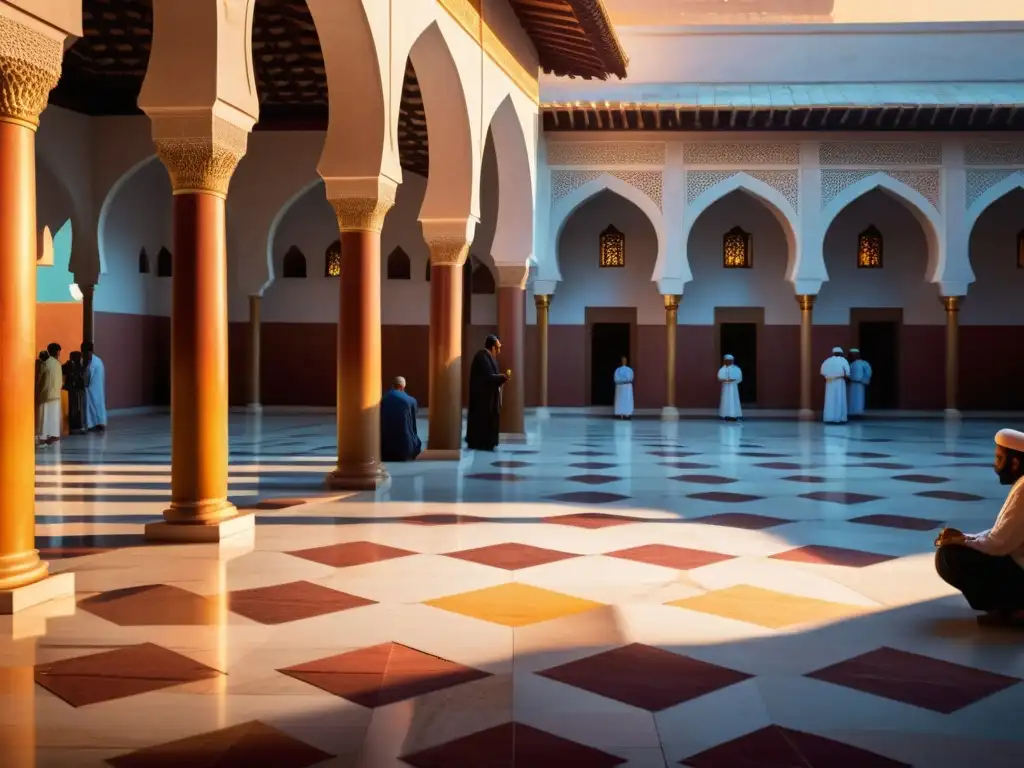 Un patio de mezquita atiborrado al atardecer, con patrones geométricos y la influencia de Rumi en el mundo islámico