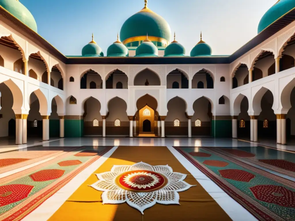 Un patio de mezquita durante la celebración de Rabi' alAwwal, con decoraciones vibrantes y arquitectura islámica