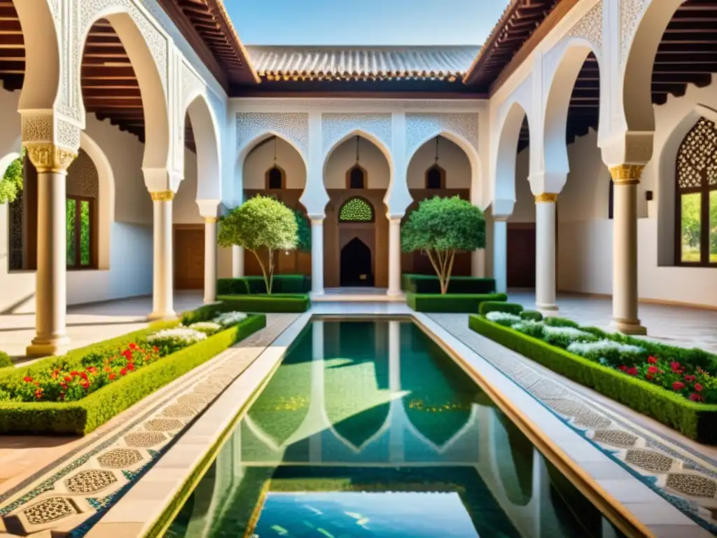 Un patio de mezquita histórica con patrones geométricos, piscina serena, y luz filtrada