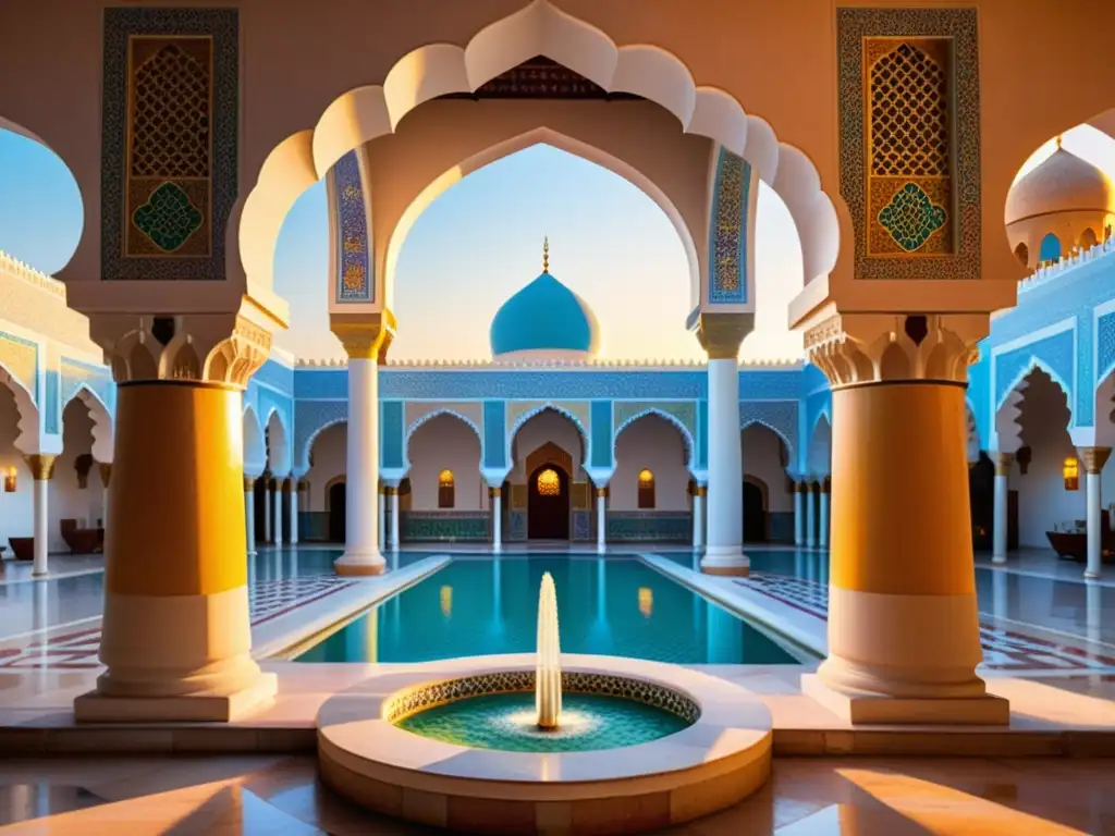 Un patio de mezquita iluminado por el cálido sol del atardecer, reflejando el misticismo islámico del curso online