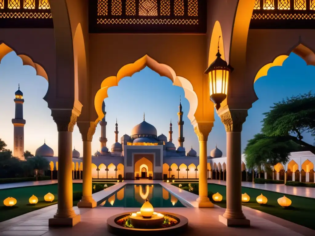 Un patio de mezquita al anochecer, iluminado por lámparas y rodeado de exuberantes jardines