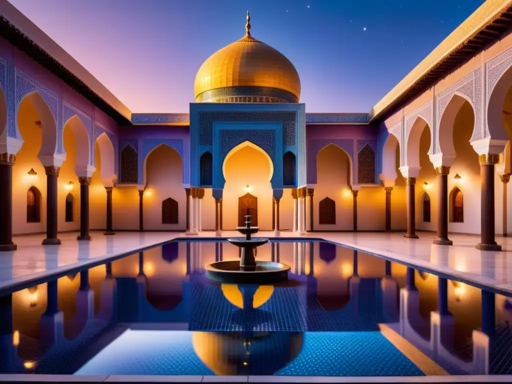 Un patio de mezquita iluminado por luz dorada al atardecer, con patrones geométricos y una fuente serena