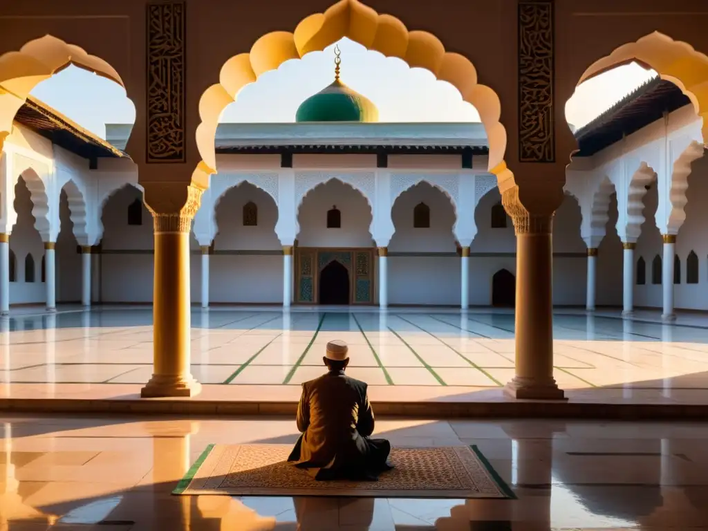 En el patio de una mezquita al amanecer, la influencia del misticismo islámico se manifiesta en la serenidad y la belleza de este espacio sagrado