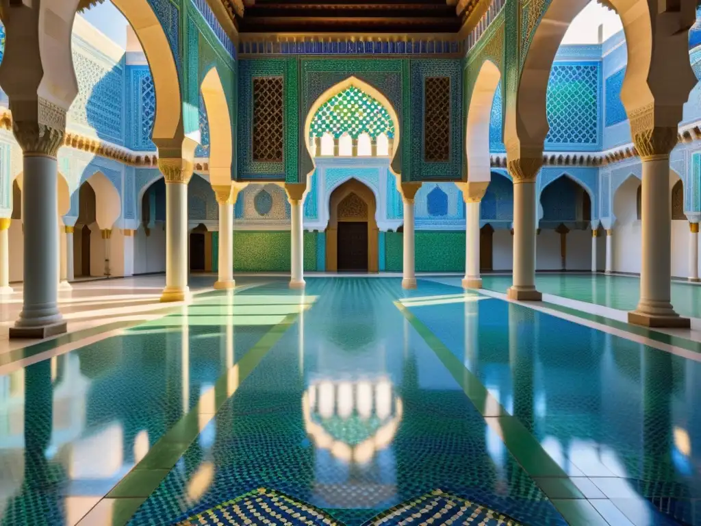 El patio de una mezquita con un intrincado mosaico de azulejos azules y verdes, bañado por la luz del sol