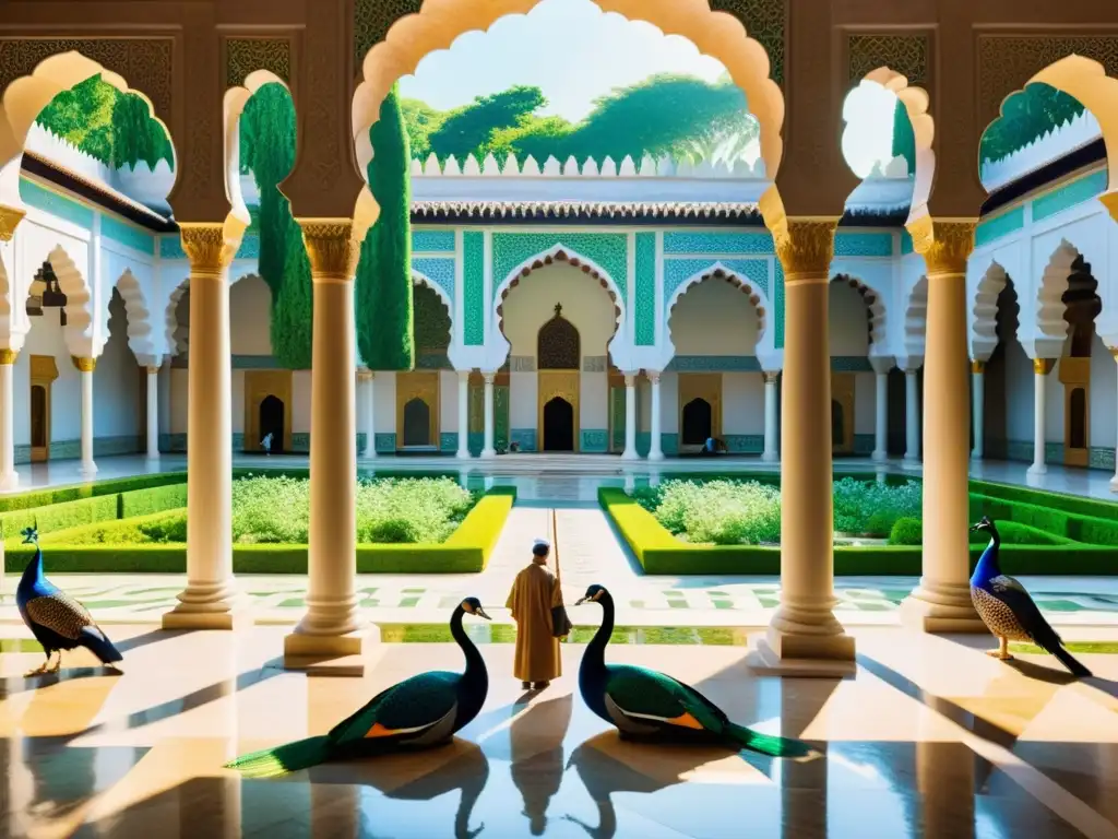 Un patio de mezquita con jardines exuberantes, arcos de mármol y una atmósfera serena