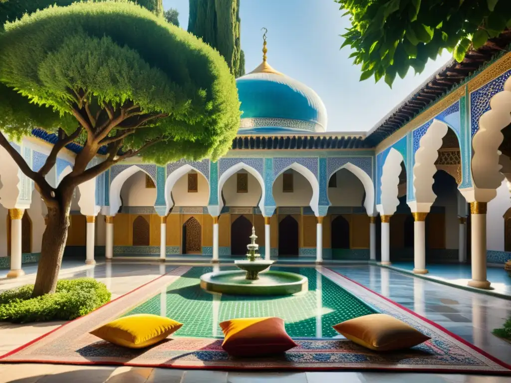 Un patio de mezquita persa con arcos y jardines exuberantes, donde poetas e intelectuales se reúnen en un ambiente sereno y cultural