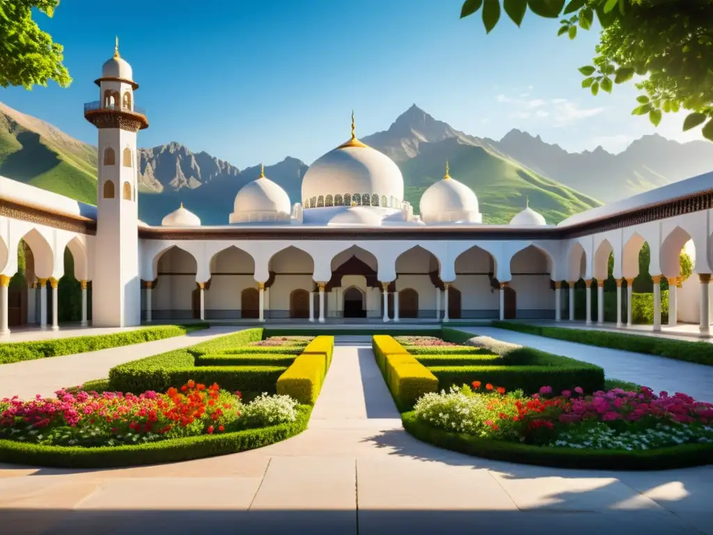 Un patio de mezquita rodeado de exuberantes jardines verdes y flores en flor