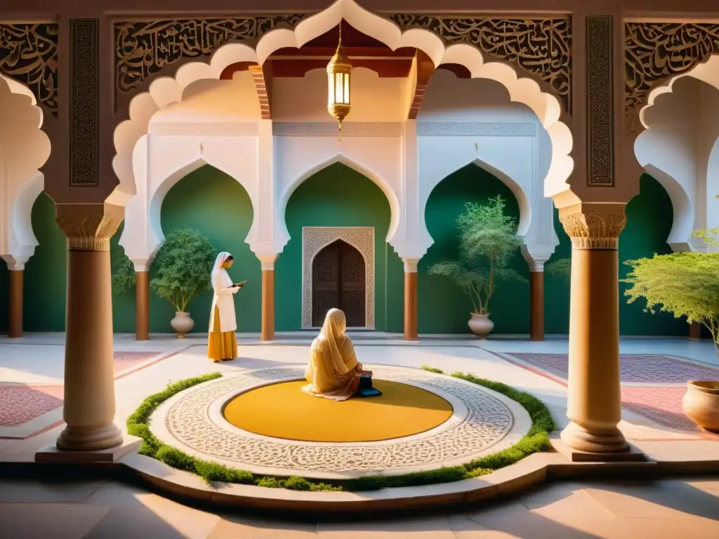 Un patio de mezquita sereno al atardecer, con mujeres escribiendo poesía y resolviendo ecuaciones