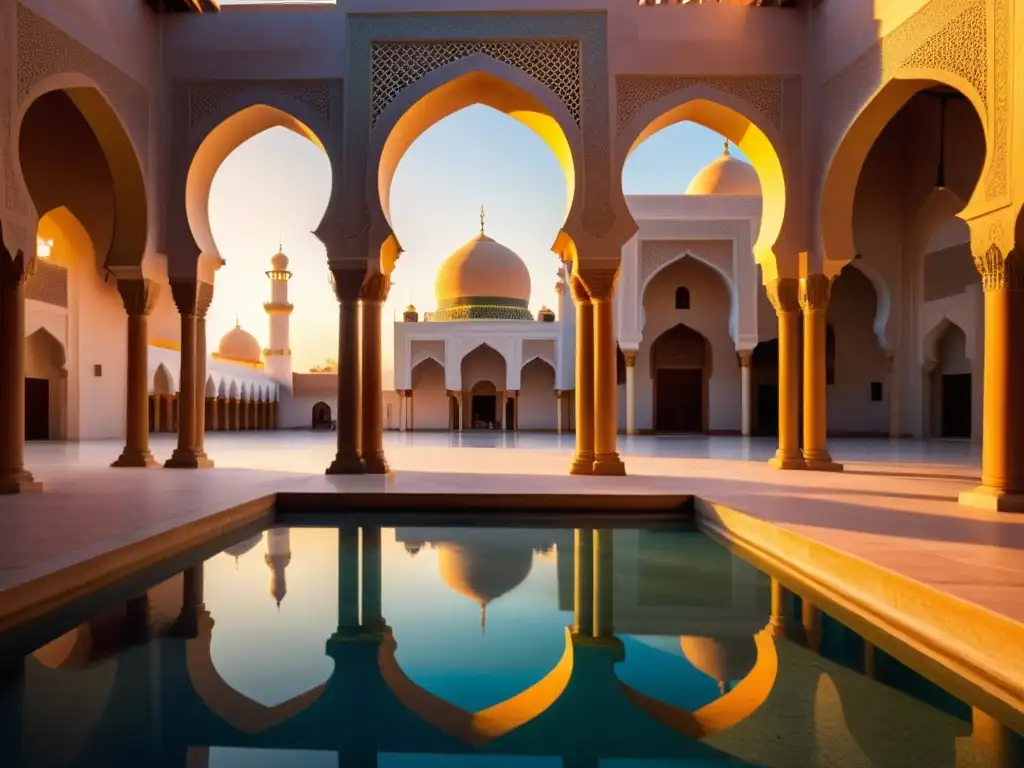 Un patio de mezquita sereno al atardecer con diseños geométricos, sombras y visitantes en contemplación