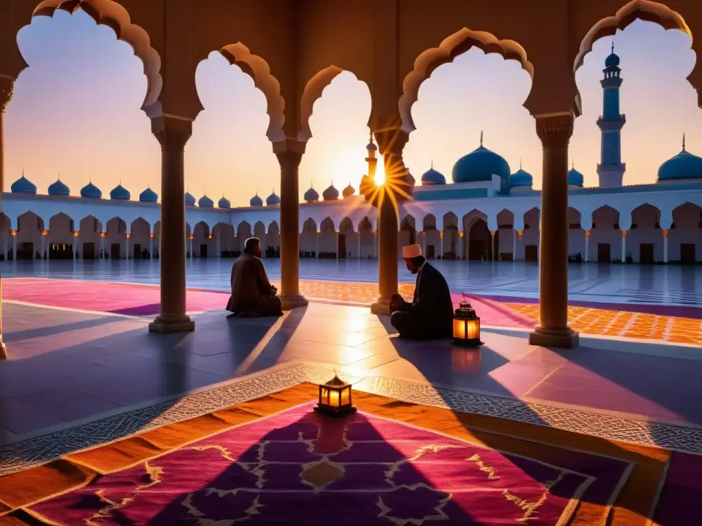 Un patio de mezquita sereno al atardecer, con luz dorada y sombras largas, crea una atmósfera de significado espiritual Ramadán