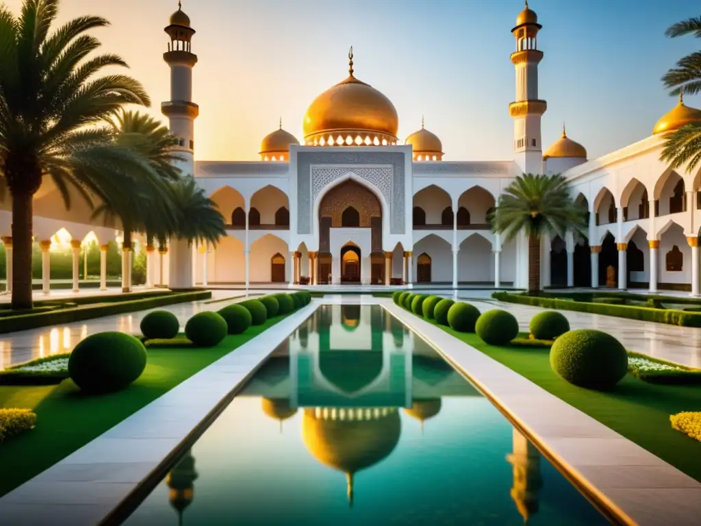 Un patio de mezquita sereno bañado en la luz dorada del atardecer, resaltando detalles arquitectónicos, vegetación exuberante y una tranquila alberca