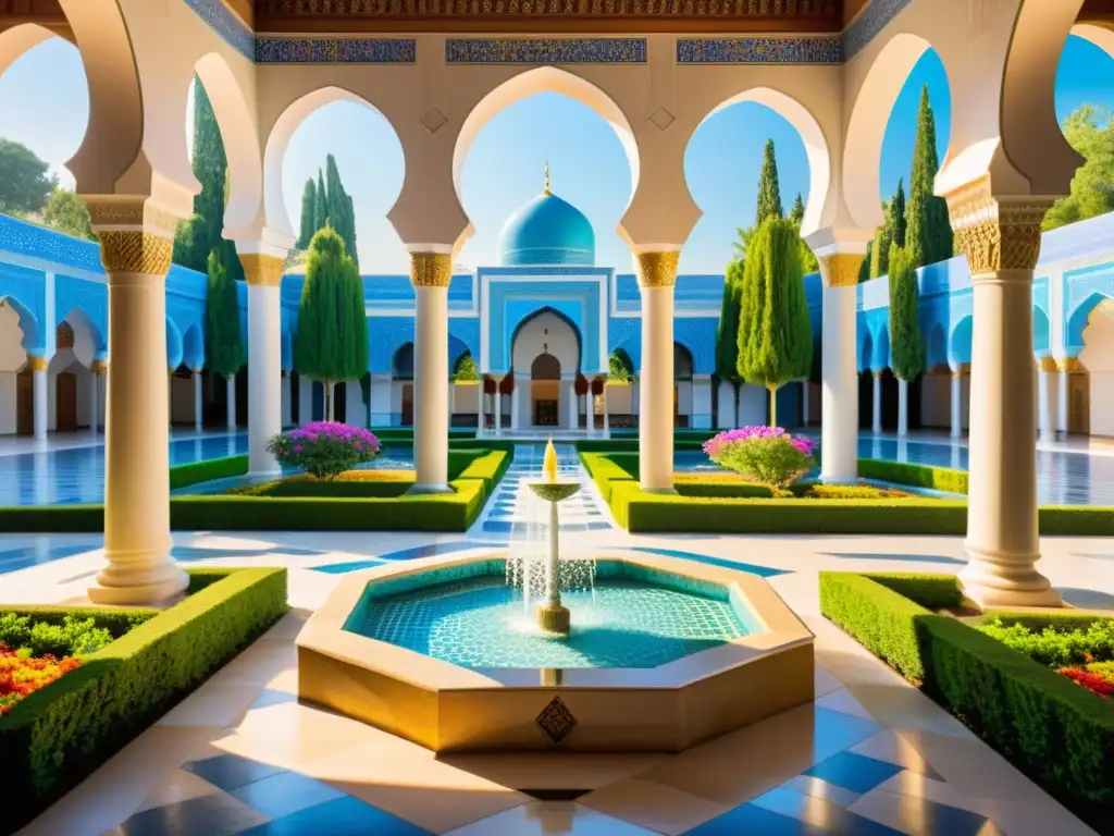 Un patio de mezquita sereno con fuente de mosaicos azules rodeada de árboles verdes y arcos intrincados