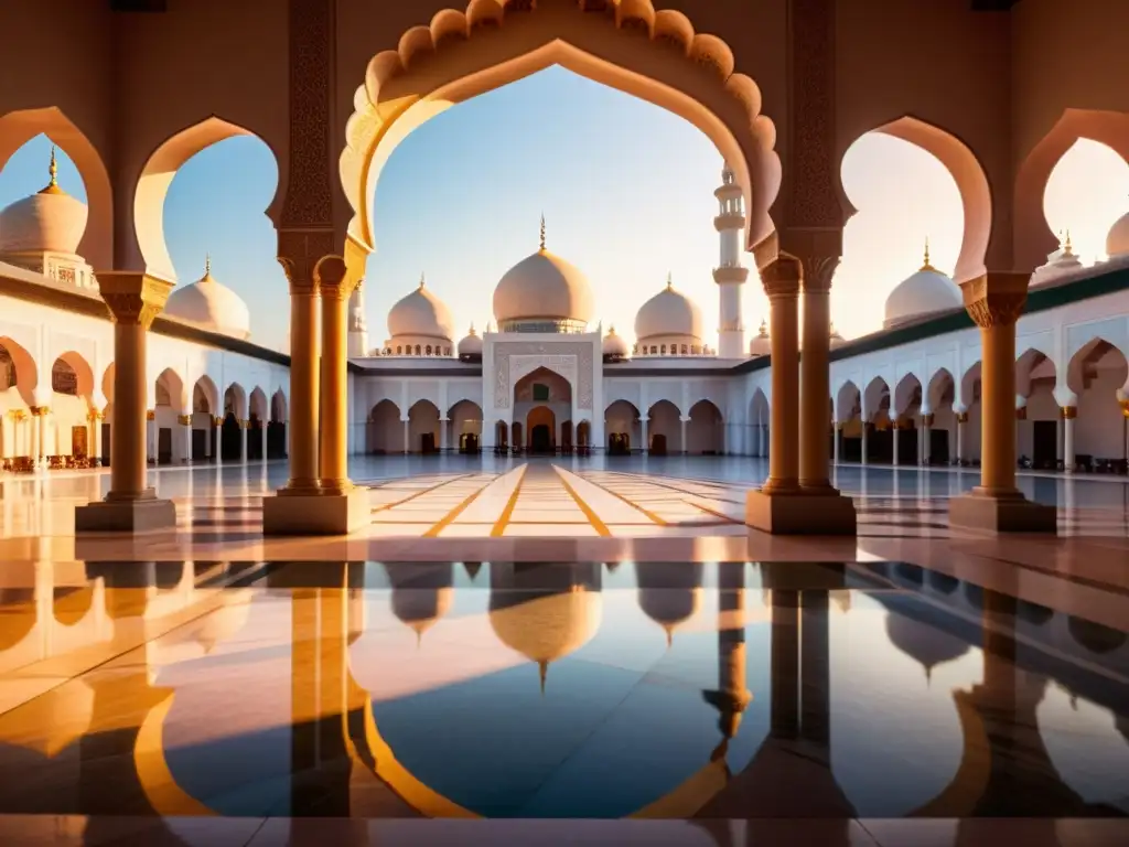 Un patio de mezquita sereno iluminado por el suave atardecer