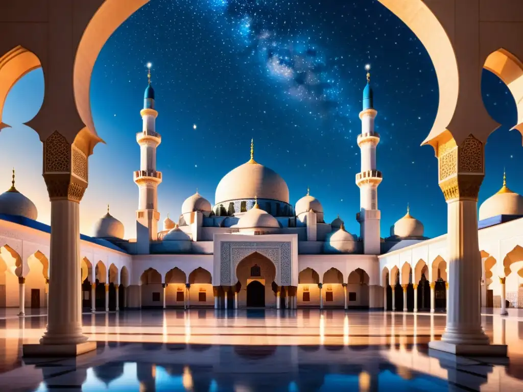 Un patio de mezquita sereno iluminado por la suave luz del atardecer, con el cielo estrellado emergiendo