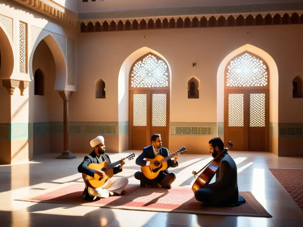 Un patio de mezquita sereno con músicos interpretando instrumentos tradicionales, irradiando armonía espiritual