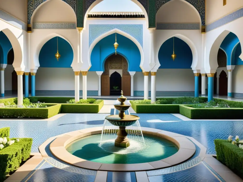 Un patio de mezquita sereno con patrones de azulejos en tonos de azul, verde y blanco