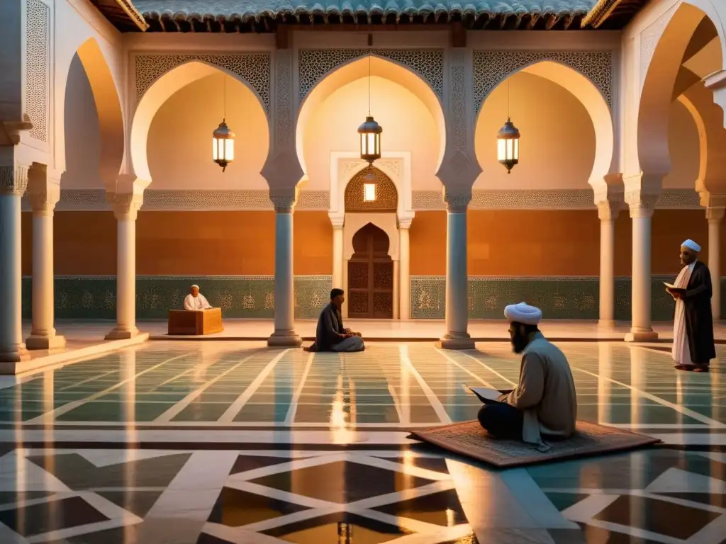 Un patio de mezquita sereno al anochecer, con patrones geométricos, y eruditos en discusión