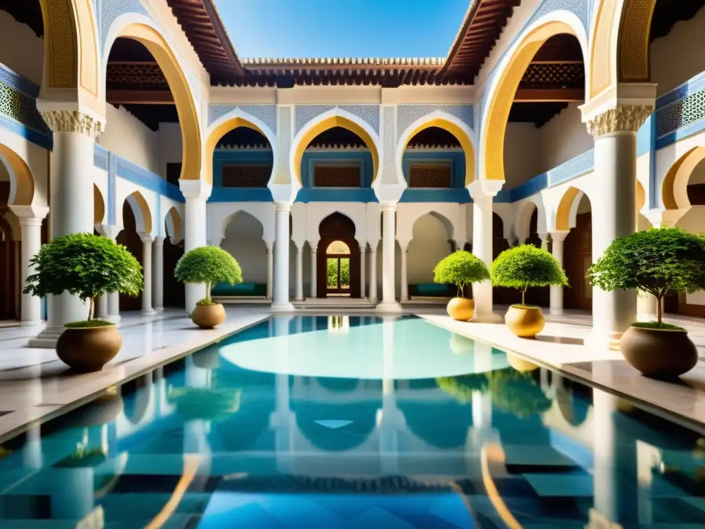 Un patio de mezquita en el Sudeste Asiático, con arcos y cúpulas ornamentadas, vegetación exuberante y un cielo azul