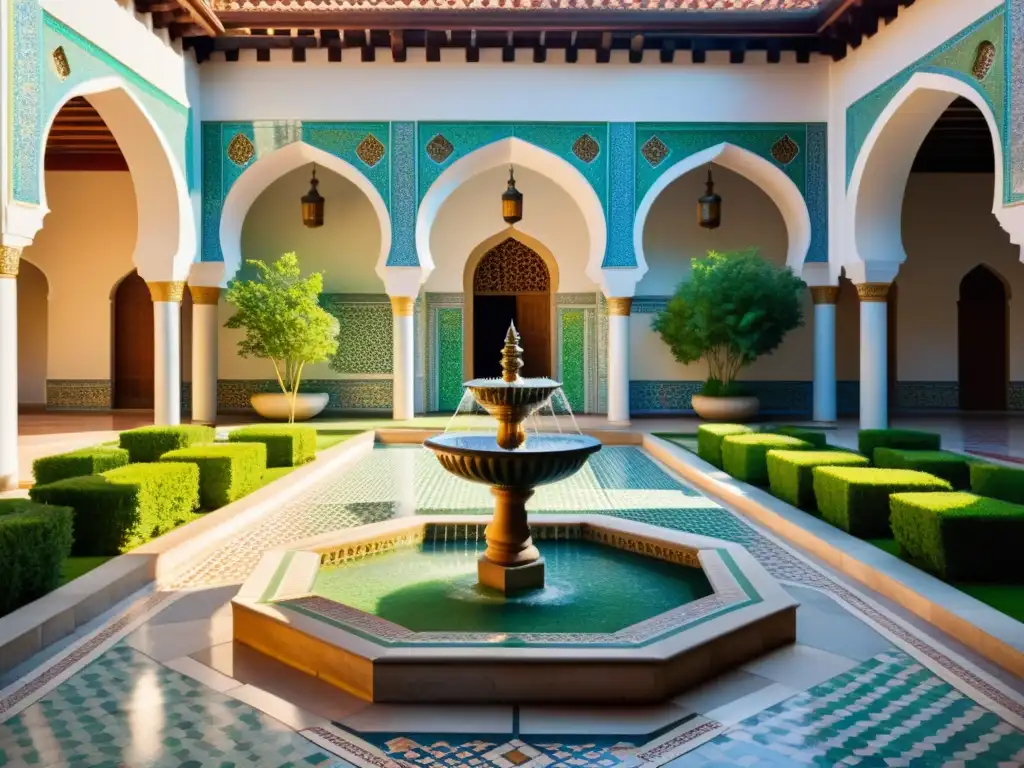 Un patio de mezquita tradicional con azulejos, arcos ornamentados y una fuente central rodeada de vegetación exuberante