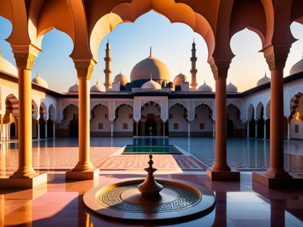 Un patio de mezquita tranquilo al atardecer, con patrones geométricos y hermosa caligrafía