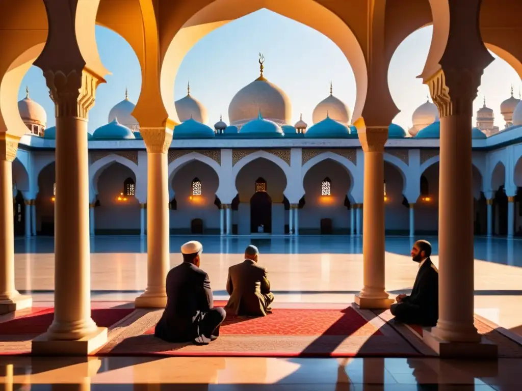 Un patio de mezquita tranquilo bañado por la cálida luz del atardecer, evocando una búsqueda espiritual poetas islámicos en un escenario de belleza y serenidad