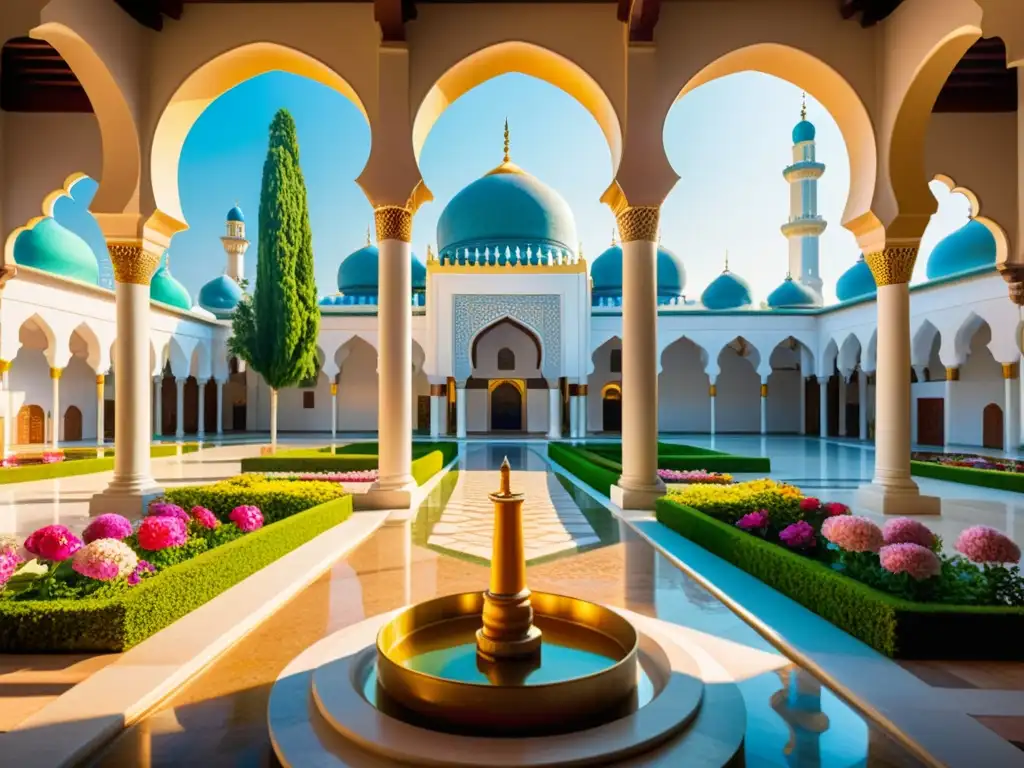 Un patio de mezquita tranquilo bañado en luz dorada con exquisita arquitectura, jardín sereno y coloridas flores