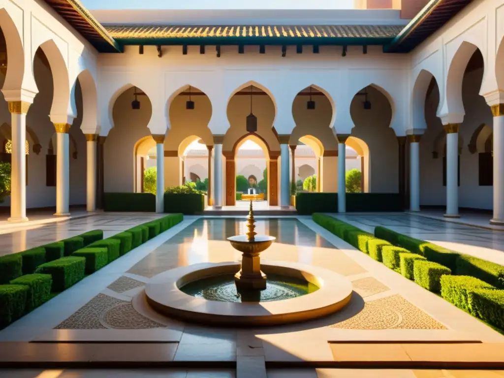 Un patio de mezquita tranquilo bañado por la cálida luz del sol, refleja paz y espiritualidad