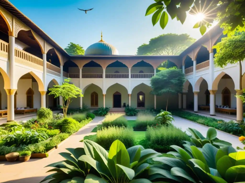 Un patio de mezquita tranquilo, lleno de plantas verdes y personas comprometidas con la protección del medio ambiente en el Islam