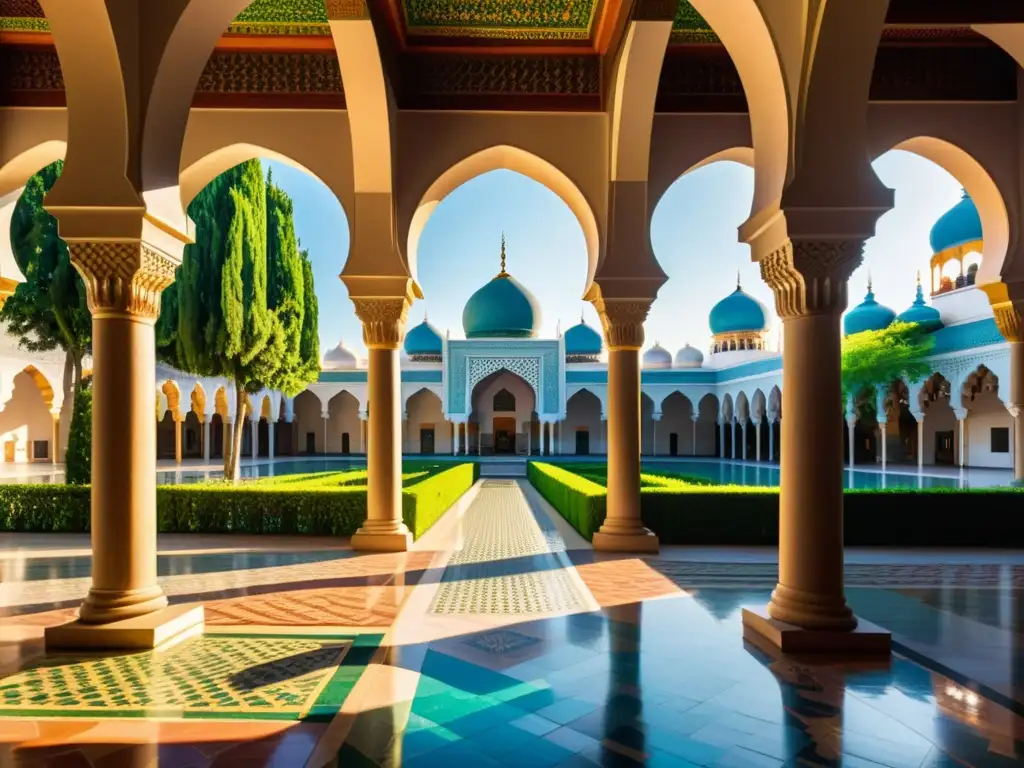 Un patio de mezquita vibrante con patrones geométricos, mosaicos coloridos y vegetación exuberante