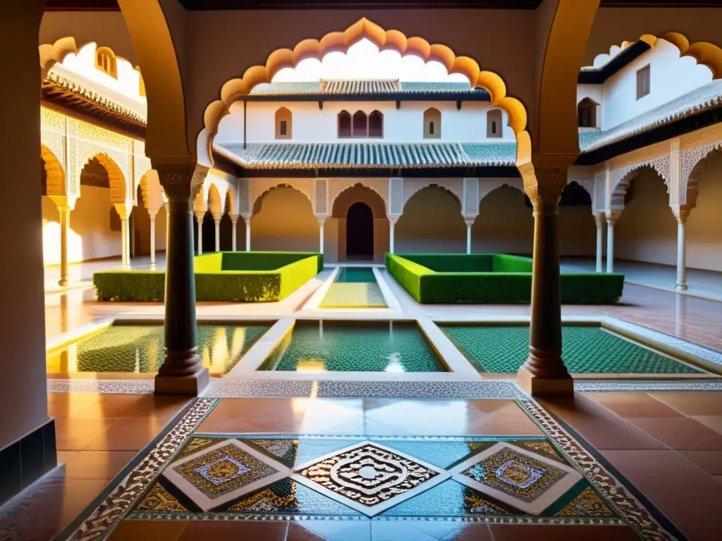 Un patio de mosaicos en la Alhambra con patrones geométricos, colores vibrantes y la transmisión de conocimientos matemáticos alÁndalus