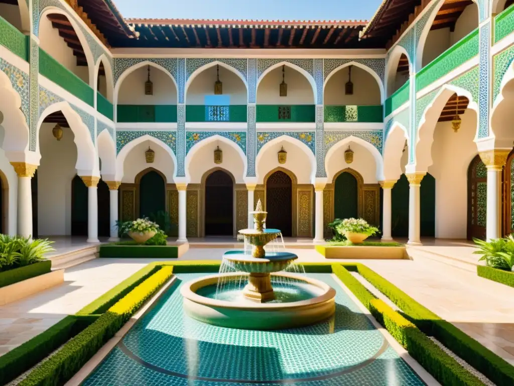 Un patio de mosaicos con influencia islámica rodeado de exuberante vegetación y flores vibrantes, con chefs preparando ingredientes