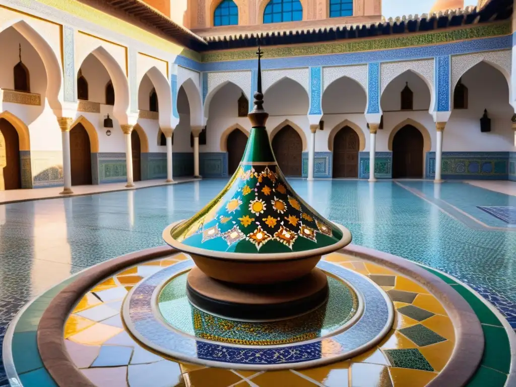 Un patio de mosaicos en una mezquita histórica europea, con puestos de cocina islámica y el minarete al fondo, bajo el cálido sol