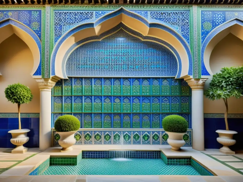 Un patio persa con azulejos meticulosamente pintados en tonos vibrantes de azul y verde