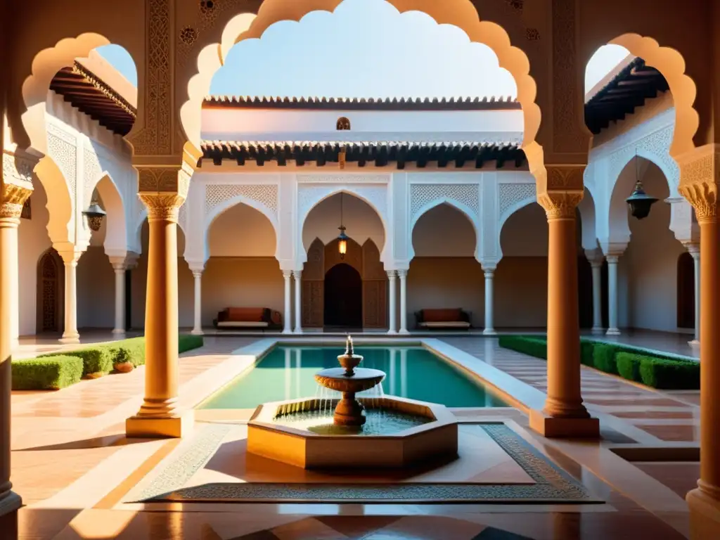 Un patio sereno con arquitectura morisca, arcos delicados, azulejos ornamentados y una fuente tranquila