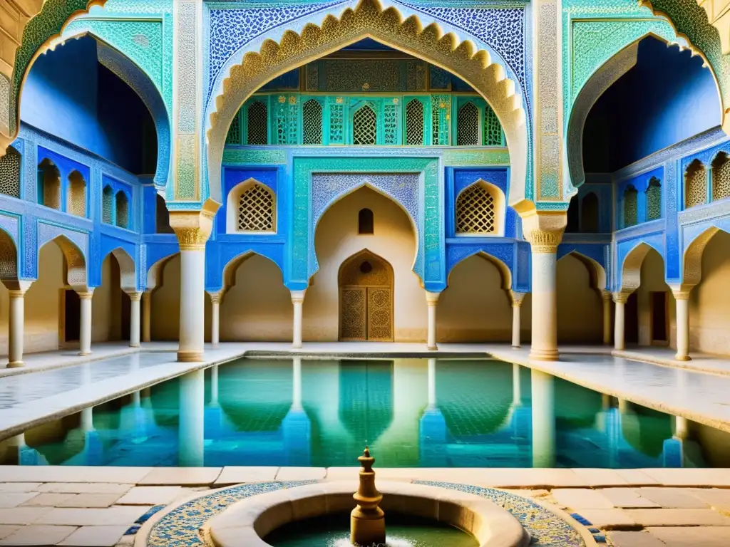 Un patio sereno con azulejos geométricos en tonos vibrantes, reflejos en la piscina