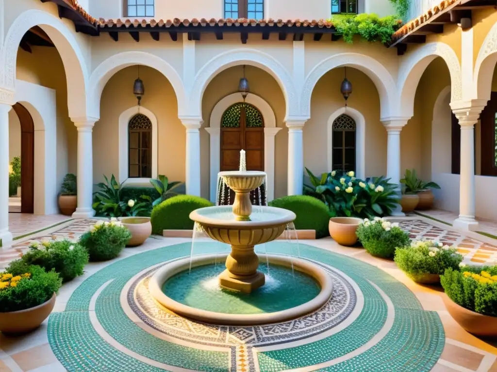 Un patio sereno bañado por el sol, con azulejos geométricos, arcos y una fuente de mosaicos