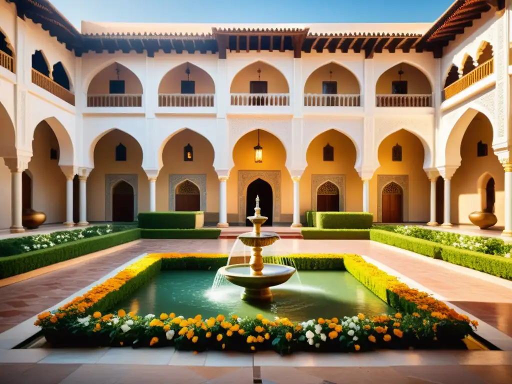 Un patio sereno en un califato histórico con arquitectura morisca, jardines exuberantes y una fuente tranquila