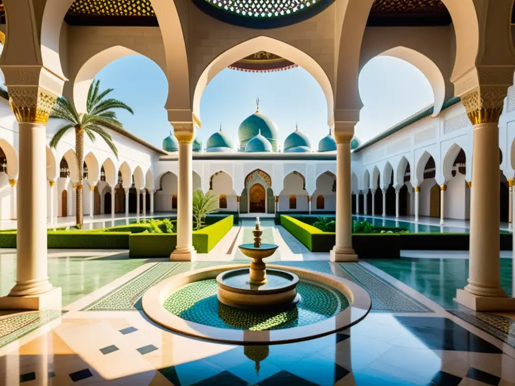 Un patio sereno y exquisito dentro de una mezquita islámica, con luz solar que filtra patrones en el suelo de mármol