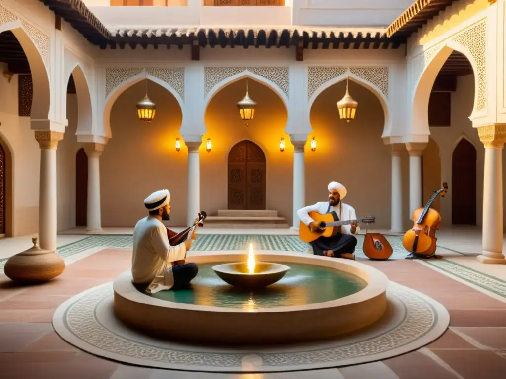 Un patio sereno lleno de patrones geométricos, una fuente central rodeada de músicos tocando instrumentos islámicos