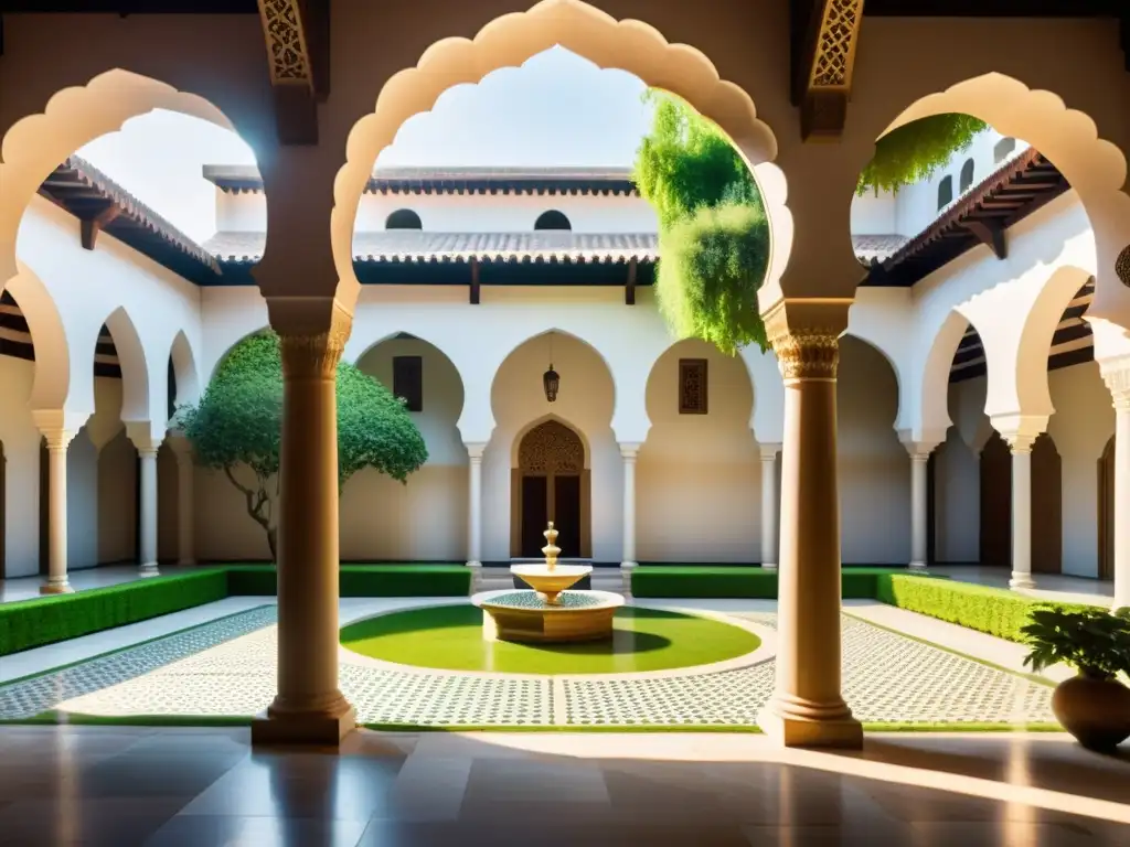 Un patio sereno en una madrasa islámica con alumnos aprendiendo bajo la luz dappled