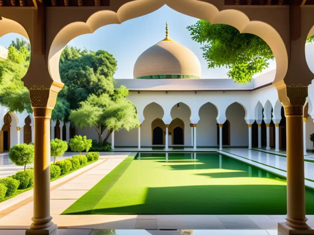 Jardines sostenibles en patio de mezquita: armonía islámica y ecología Un patio sereno de mezquita con exuberantes jardines verdes y sistemas de conservación de agua
